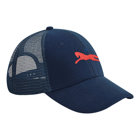 Jockey Club Red And Blue Embroidered Logo Athletic Trucker Cap