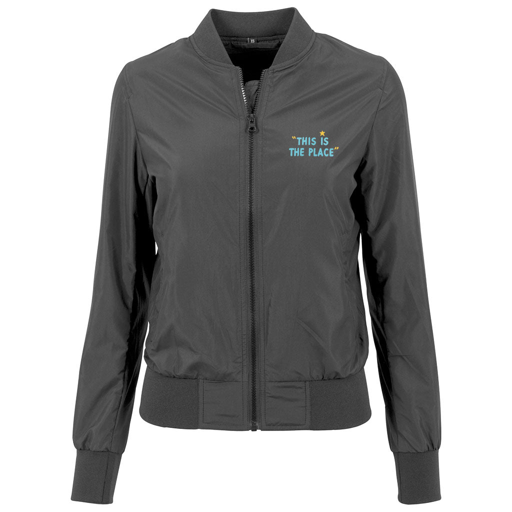 Jockey Club This Is The Place Turquoise Text Front And Back Print Women's Bomber Jacket-Jockey Club Salinas Ibiza Store