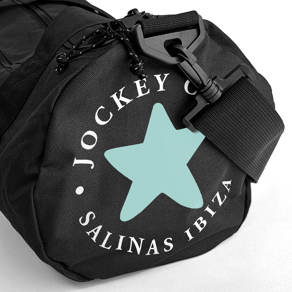 Jockey Club Salinas Ibiza Star And Logo White Text Recycled Barrel Bag-Jockey Club Salinas Ibiza Store