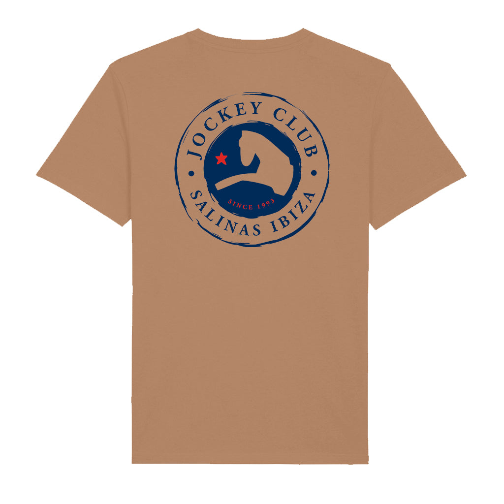 Jockey Club Logo And Blue Badge Front And Back Print Men's Back Print Organic T-Shirt-Jockey Club Salinas Ibiza Store