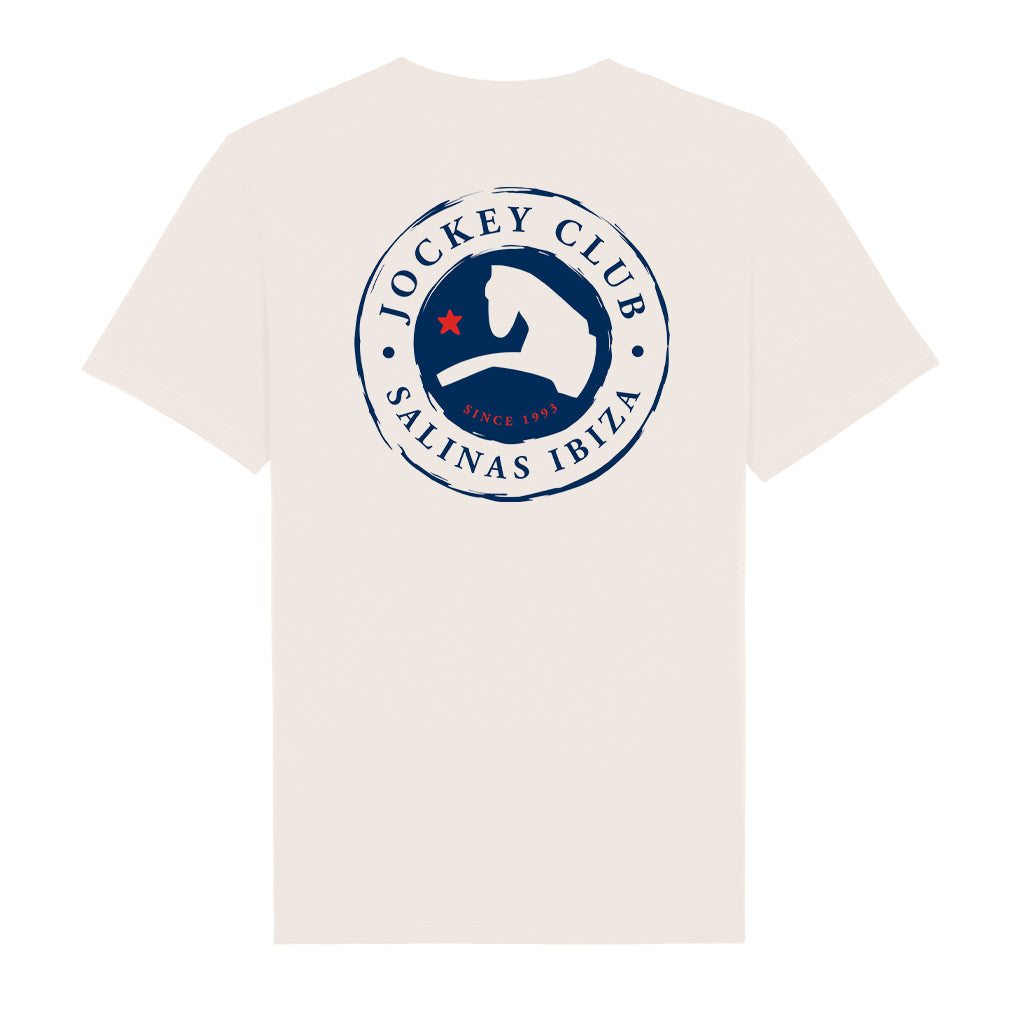 Jockey Club Logo And Blue Badge Front And Back Print Men's Back Print Organic T-Shirt-Jockey Club Salinas Ibiza Store